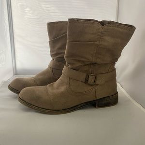 JustFAB Tan Faux Suede Short Boots, Side Zip, Size 8